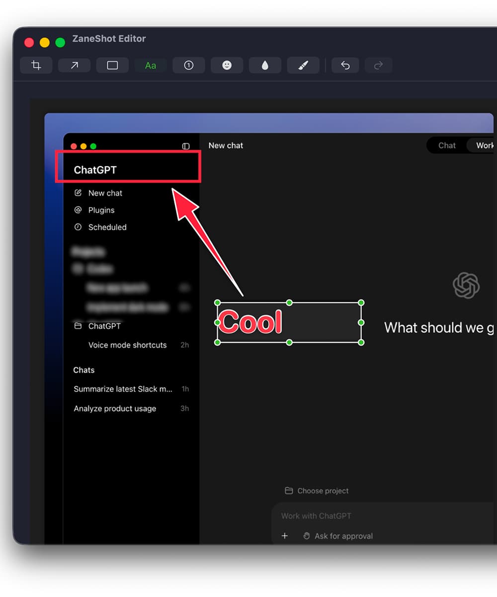 ZaneShot Editor with text, arrow, and shape annotations