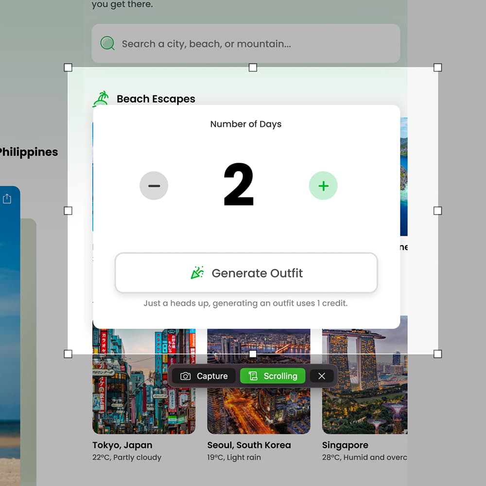 ZaneShot selecting an area of a travel page to capture